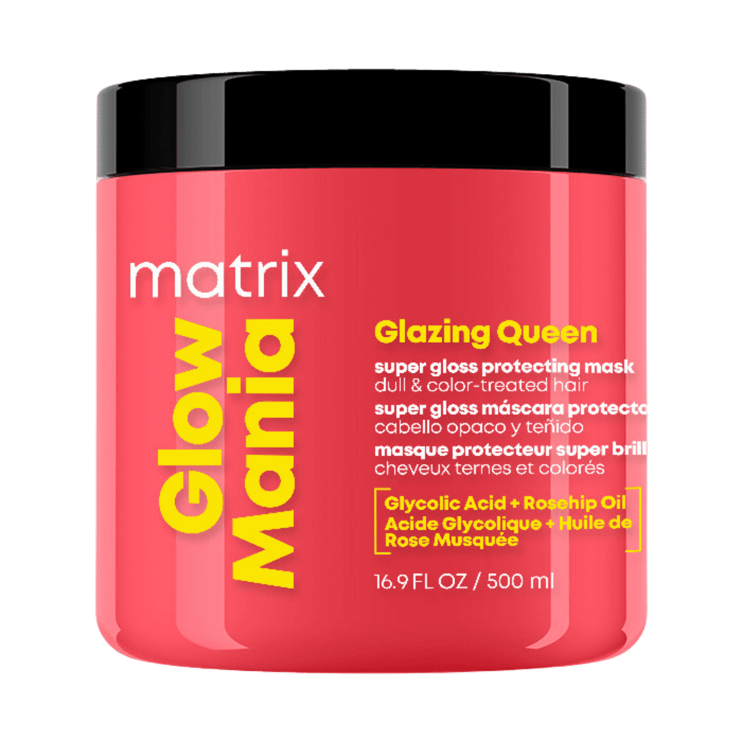 Red jar of Matrix Glow Mania Glazing Queen hair mask for dull, color-treated hair.