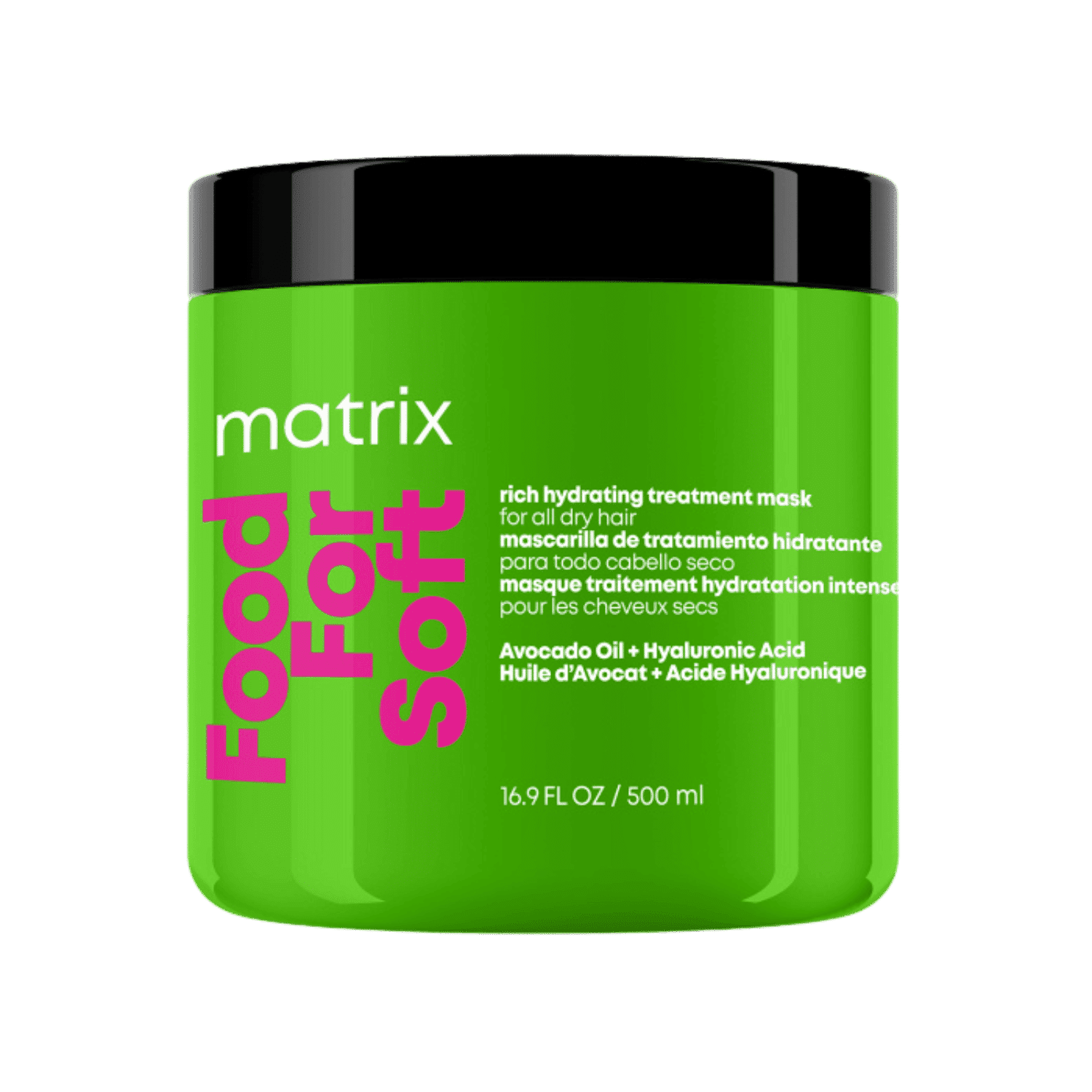 Hair mask for dry hair with avocado oil and hyaluronic acid in a green container.